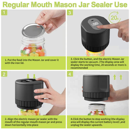 Electric Mason Jar Vacuum Sealer Kit Cordless Automatic Jar Sealer Kit for Food Storage and Fermentation with Mason Jar Lids